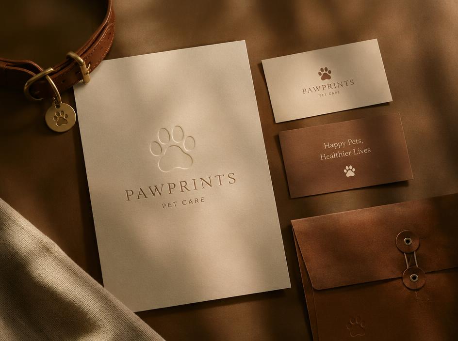 Kennel stationery and business cards with a paw print logo