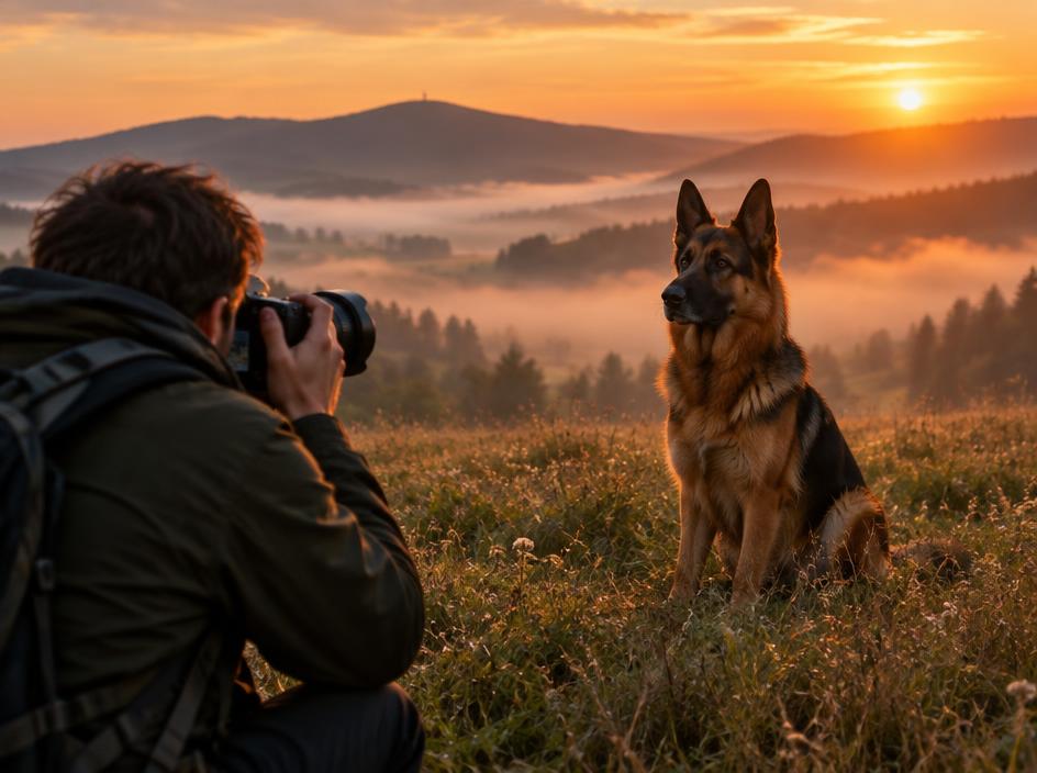 Photographer taking pictures of a German Shepherd at sunset