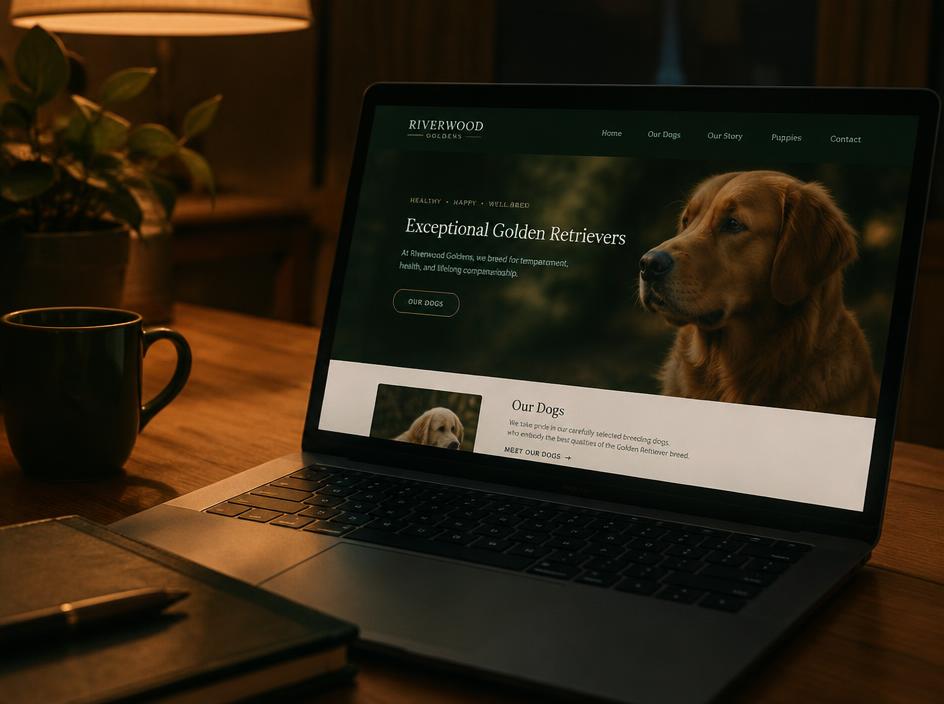 Golden retriever kennel website shown on a laptop